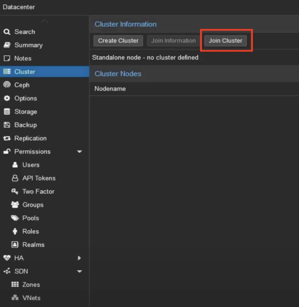 screen showing how to copy and paste join information for Proxmox cluster